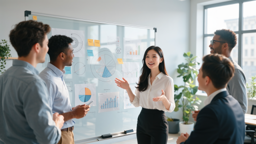 采购流程优化课程，现代化办公室，专业人员在讨论流程图